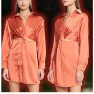4Sienna Dress S Small Dark Orange Silky Satin Long Sleeve Tie Front Cut Out NEW